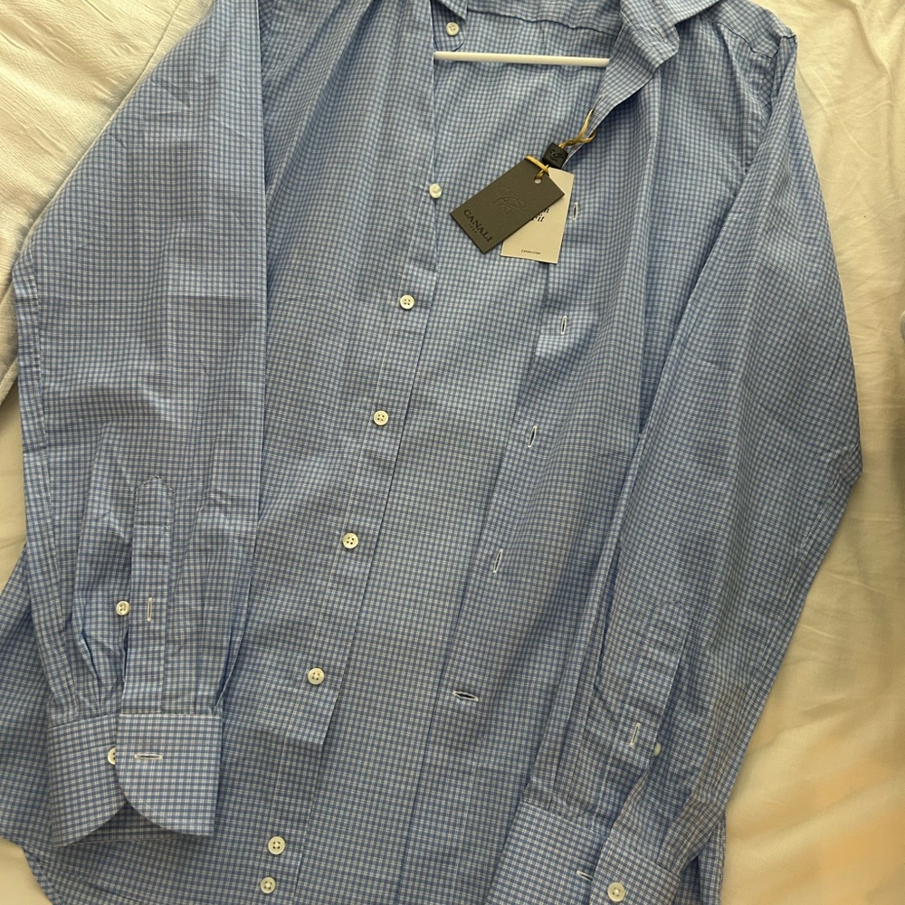 SOLD. BNWT Canali Blue Checkered Button Down Shirt